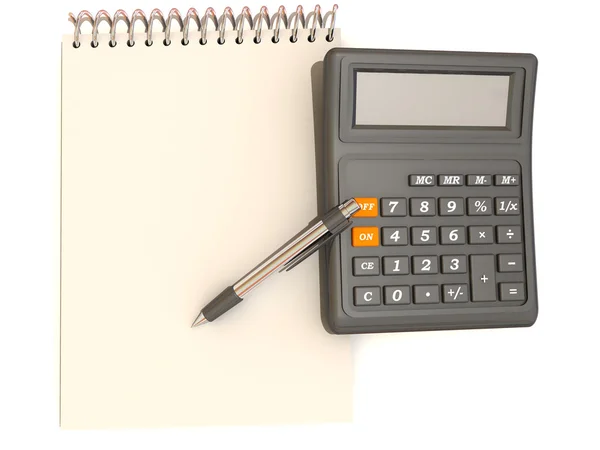 Kalkulačka, Poznámkový blok a pero — Stock fotografie