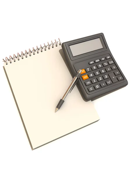 Calculadora, notebook e caneta — Fotografia de Stock