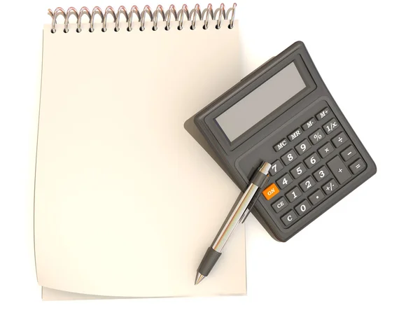 Miniräknare, anteckningsbok och penna — Stockfoto