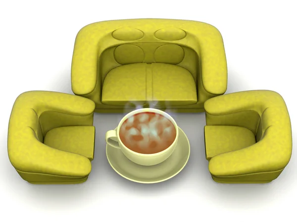 Poltrona com xícara de café. 3d — Fotografia de Stock