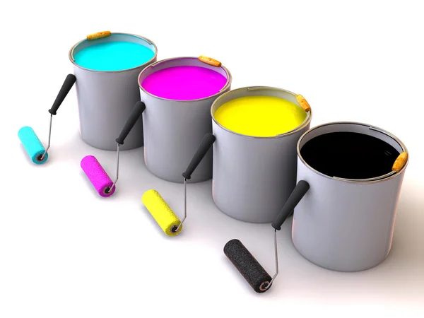 Rolos escova e baldes de tinta. 3d — Fotografia de Stock
