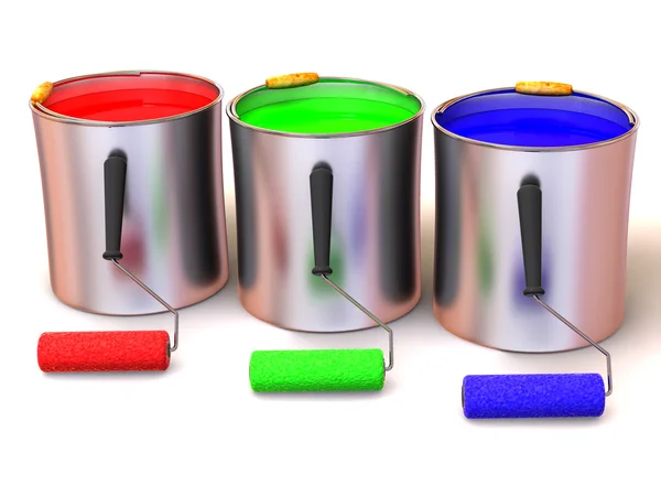 Rullarna pensel och hinkar med färg — Stockfoto