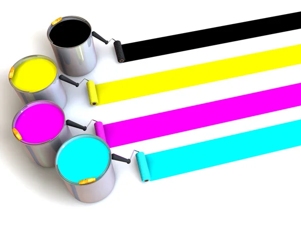 Rullarna pensel och hinkar med färg — Stockfoto