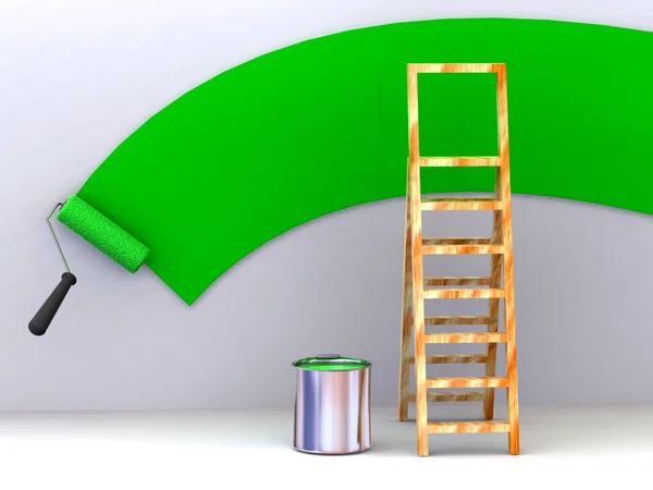 Ladder, rolborstel, emmer. ruimte voor tekst — Stockfoto