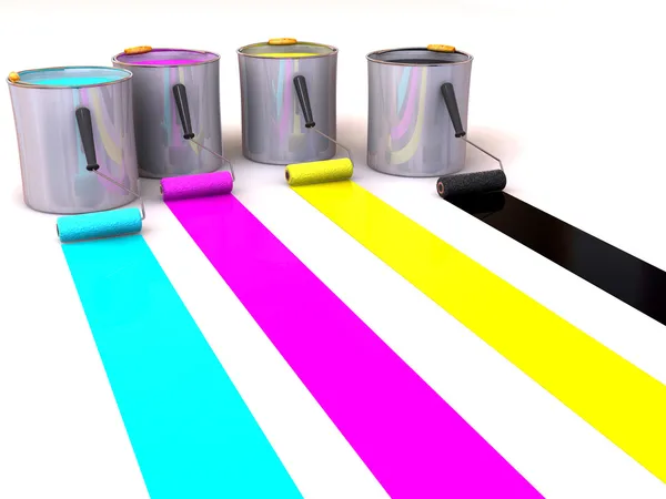 Pędzel rolki i wiadra z farbą. 3D — Zdjęcie stockowe