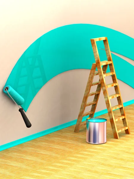 Ladder, roller brush, bucket. Space for text — Stock Photo, Image