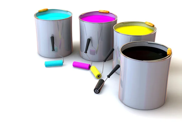 Válečky, štětce a kbelíky barvy — Stock fotografie