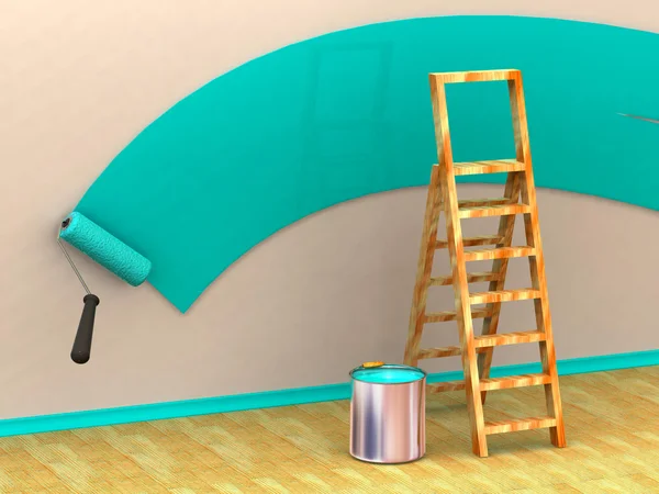 Ladder, roller brush, bucket. Space for text — Stock Photo, Image