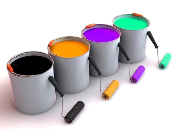Rolos escova e baldes de tinta — Fotografia de Stock