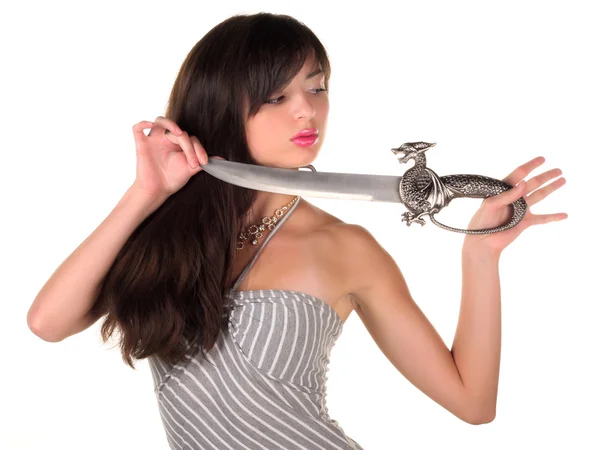 सफेद पृष्ठभूमि पर तलवार के साथ यौन लड़की — स्टॉक फ़ोटो, इमेज