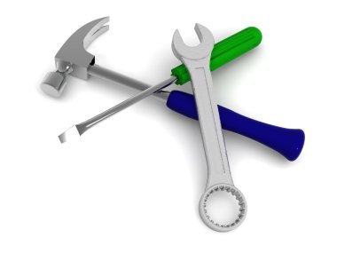 Hammer, skrewdriver and spanner. 3d clipart