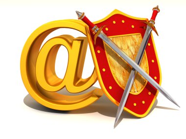 Shield, sword with symbol for internet. clipart