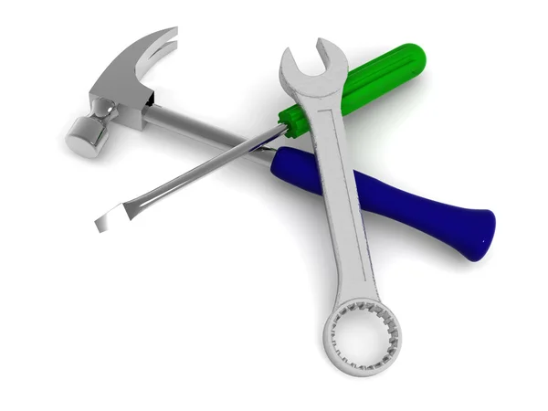Młotek, skrewdriver i klucza. 3D — Zdjęcie stockowe
