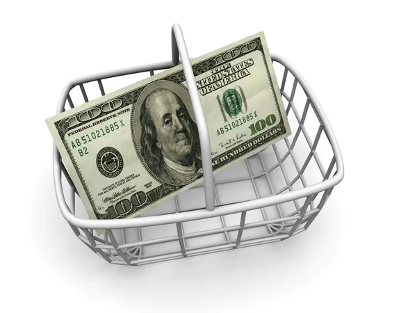 Cesta do consumidor com dólares à mão — Fotografia de Stock