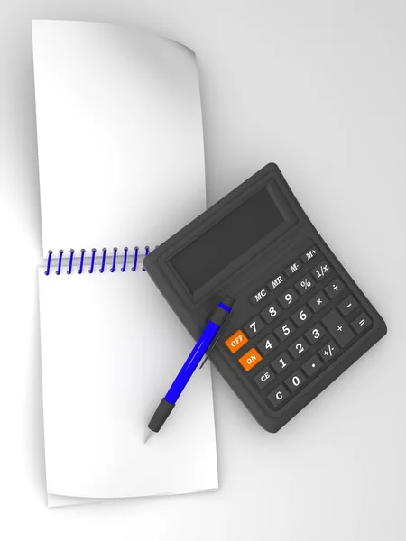 Penna, calcolatrice e nota di blocco — Foto Stock