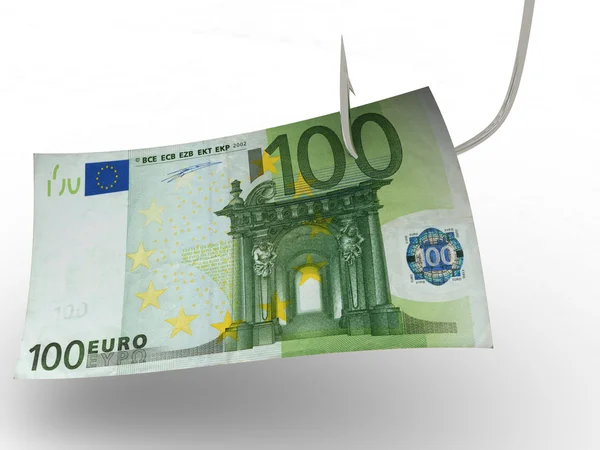 100 евро на рыболовный крючок. 3d — стоковое фото