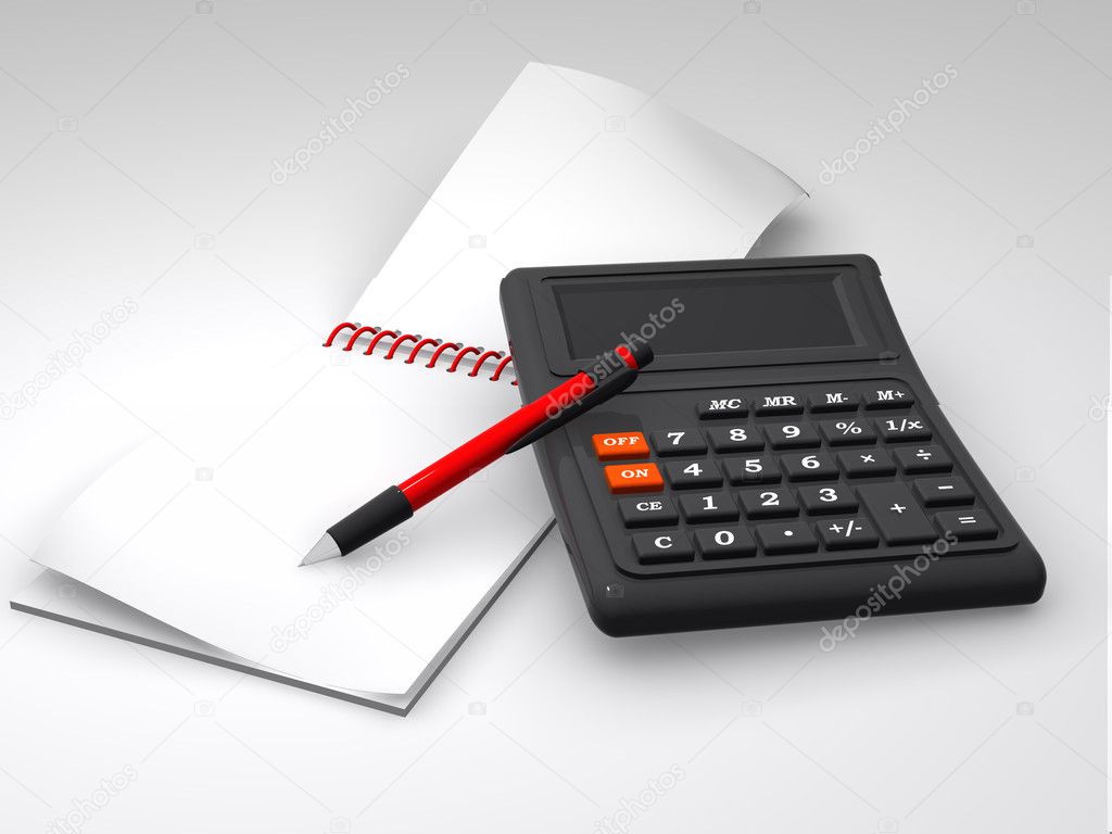 Calculator, notebook and the pen