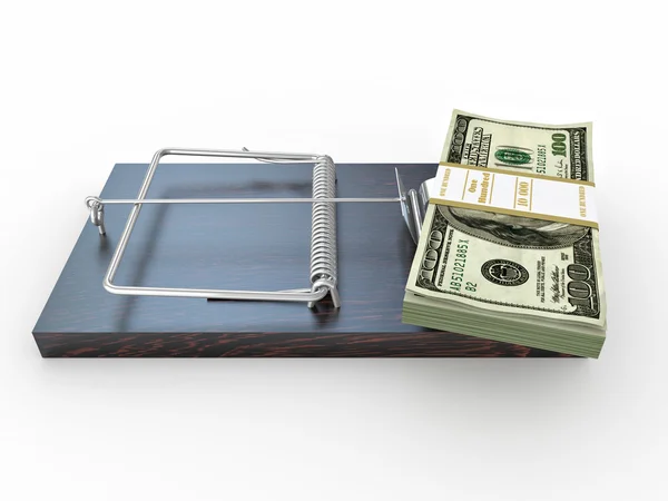 Mousetrap met dollar op witte geïsoleerde achtergrond — Stockfoto