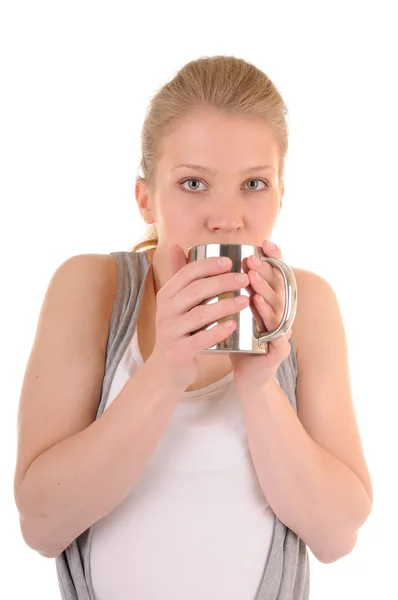 Woman is drinking from metal cup — Stock Photo, Image