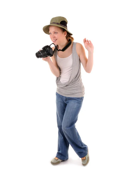 З фотокамерою туристично дівчинка — стокове фото