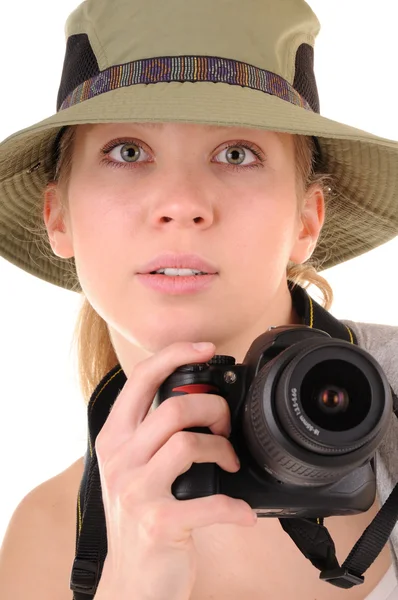 Chica casual con cámara fotográfica —  Fotos de Stock