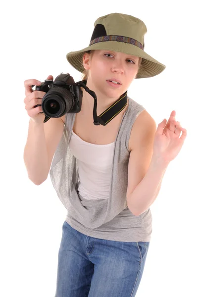 Chica casual con cámara fotográfica —  Fotos de Stock
