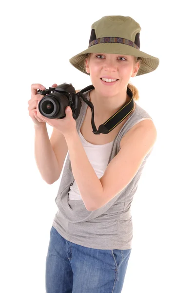 Turista-chica con cámara fotográfica —  Fotos de Stock