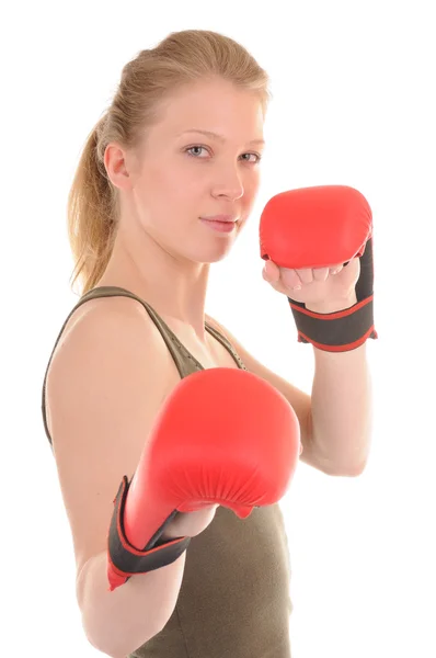 Girl with red boxing gloves — Stock Photo, Image
