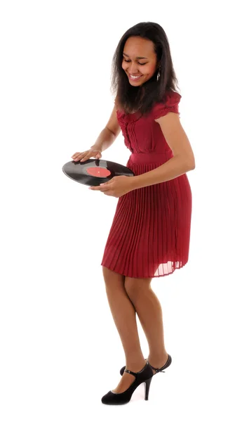 Dancing girl with vinyl disk — Stockfoto