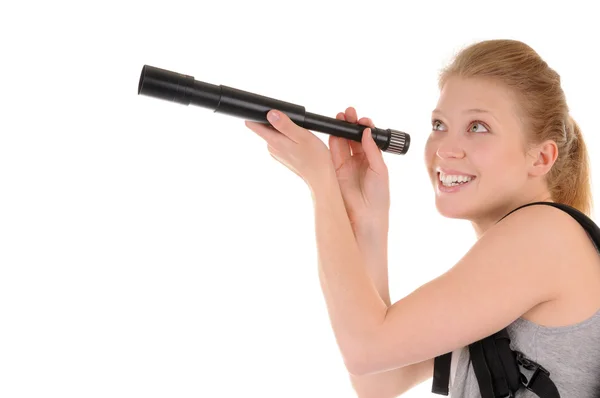 Attraktive junge Frau mit Teleskop — Stockfoto