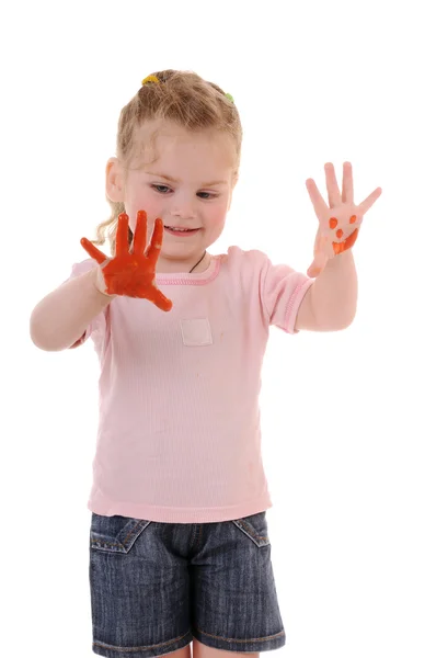 Gelukkig kind met geschilderde handen — Stockfoto
