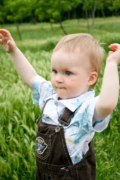 Baby playing in green summer grass — Stock Photo, Image