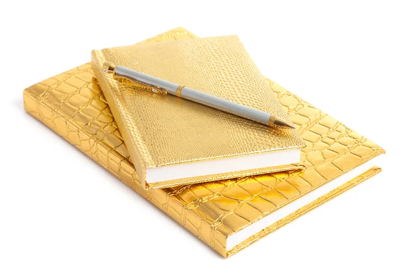 Golden notebook with silver pen — Stock Photo, Image