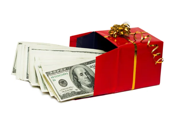 Pila de dólares en caja de regalo roja —  Fotos de Stock