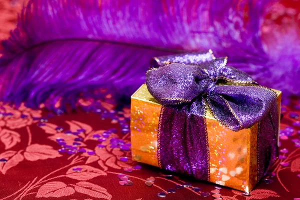 有紫色羽毛的礼品盒 — 图库照片