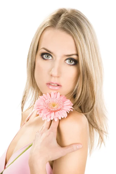 Něžná dívka s růžovou květinou — Stock fotografie