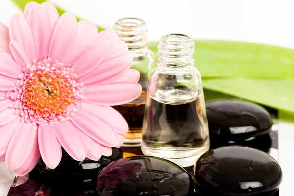 Esenciales de spa (piedras con flor y botellas de aceite ) —  Fotos de Stock
