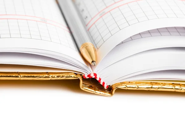 Gouden notitieboekje met zilveren pen — Stockfoto