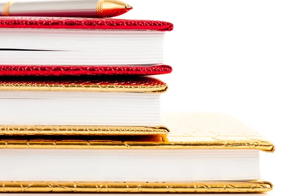 Golden and red notebooks with silver pen — Stock Photo, Image