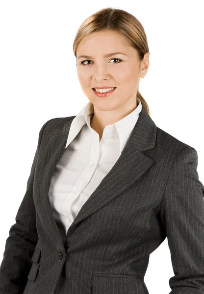 Mulher de negócios atraente em terno cinza — Fotografia de Stock