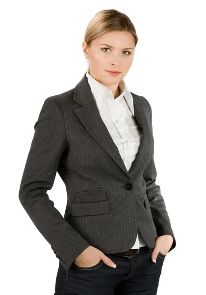 Привлекательная деловая женщина в сером костюме — стоковое фото