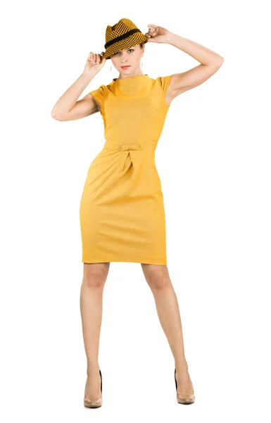 黄色のドレスの魅力的な女性実業家 — ストック写真