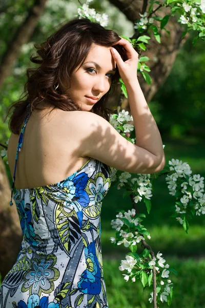 Tender girl in the garden with flowerings trees — Stock Photo, Image