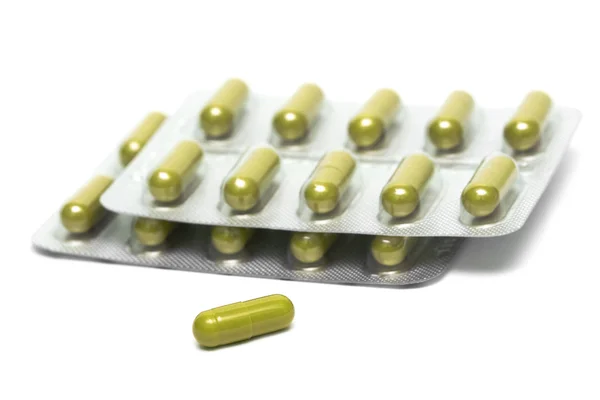 Packs van pillen geïsoleerd op witte achtergrond — Stockfoto