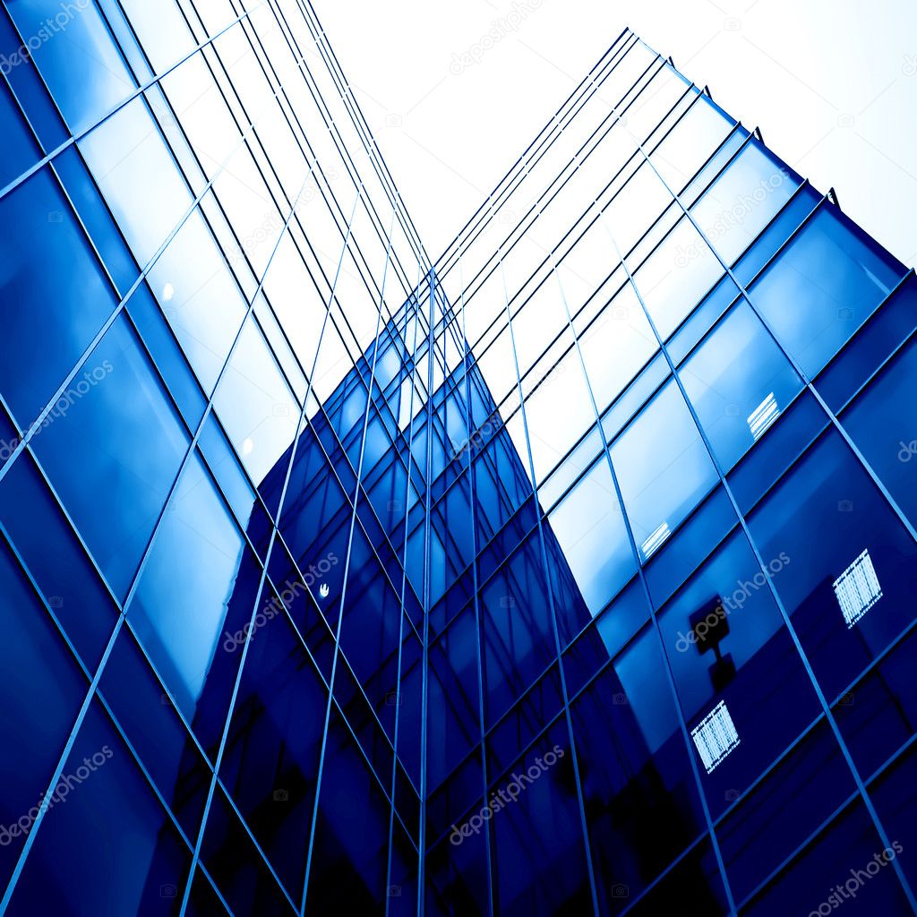Blue glass transparent wall of modern bulding house