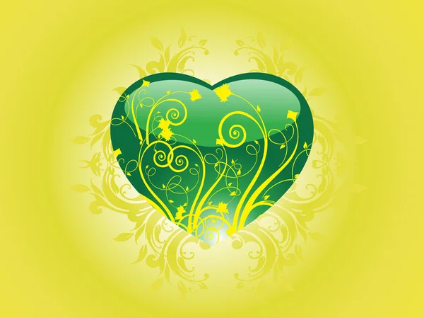 Coração verde brilhante com floral — Vetor de Stock
