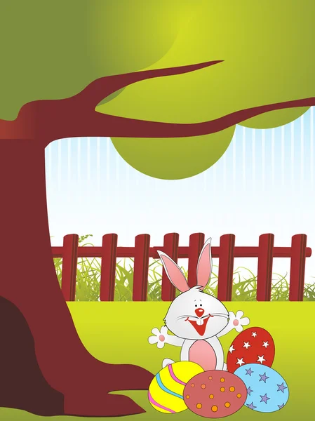 Mutlu tavşan yumurta ile ağacının altında — Stok Vektör