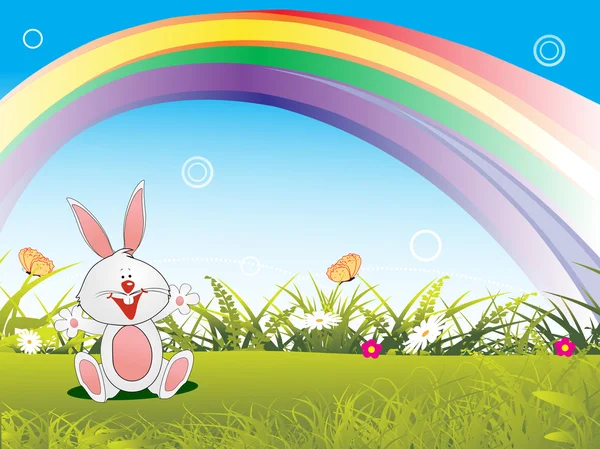 Happy bunny in de tuin behang — Stockvector