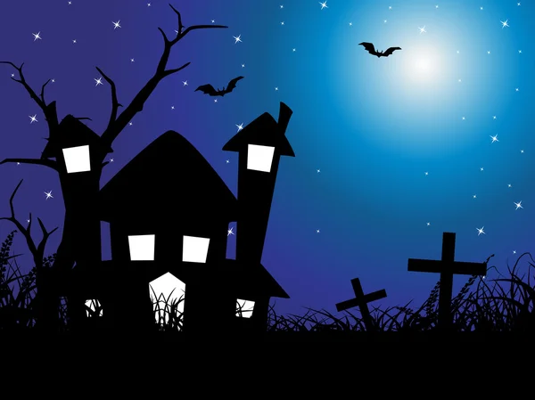 Halloween fond avec maison, chapeau — Image vectorielle