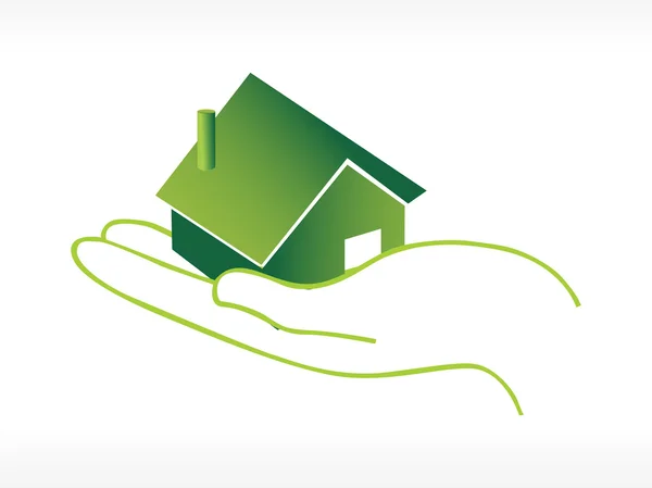 Casa verde en la mano icono de vector — Vector de stock